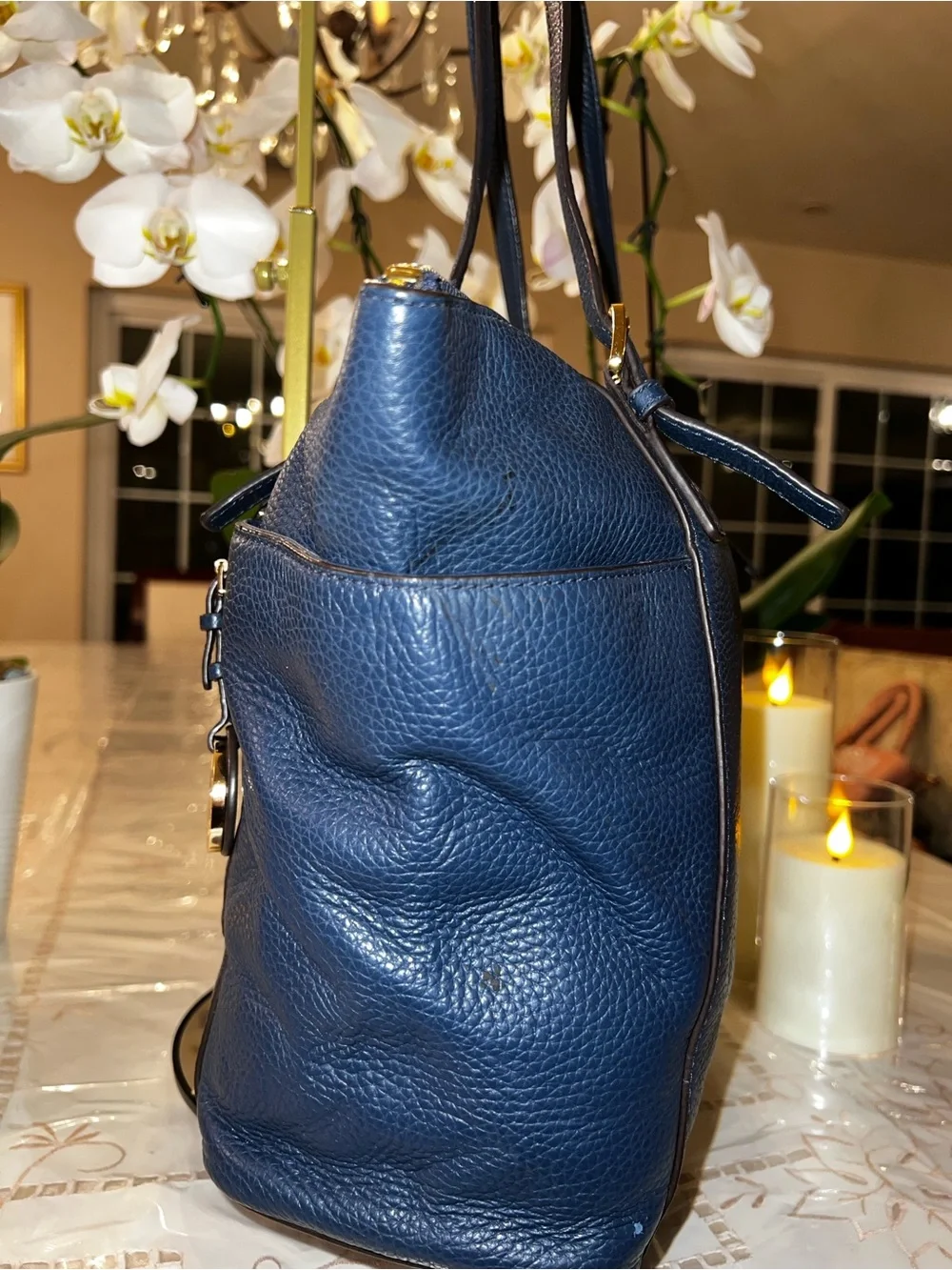 Michael Kors Jet Set Navy Pebbled Leather Tote Bag Gold Hardware MK Charm Large - Picture 7 of 16
